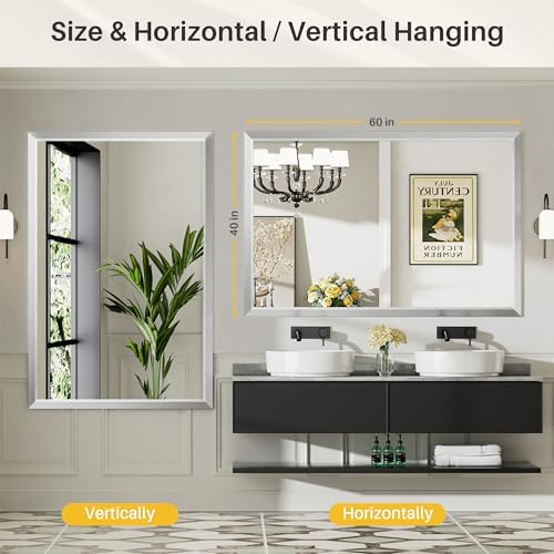 Briivue Bathroom Wall Mirror, Silver Brushed Nickel Metal Frame, 60x40 Inch