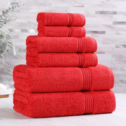 Superior Egyptian Cotton 6-Piece Towel Set, Assorted Towels for Home Bathroom, Master, Guest Bath, Decor Essentials, Includes 2 Bath, 2 Hand, 2 Face Towels/Washcloths, Quick Dry, Absorbent, Red