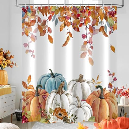 Fall Pumpkin Shower Curtains for Bathroom, Thanksgiving Teal Eucalyptus Leaves Watercolor Pumpkins Farmhouse Rustic Vintage Boho Bathroom Decor Set, Waterproof Fabric Polyester with Hooks 72x84 White