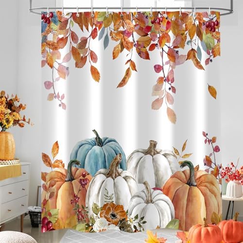 Fall Pumpkin Shower Curtain, Thanksgiving Autumn Maple Leaves Watercolor Floral Harvest Boho Bathroom Curtains with Hooks for Bathroom Bathtubs Decor, Waterproof Polyester Fabric 72x72