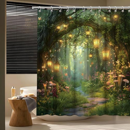 Fantasy Forest Path Shower Curtain Fairy Magical Enchanted Misty Jungle Mushroom Floral Tree Butterfly Lantern Wonderland Plant Bath Curtain Fabric Bathroom Accessories Decor with Hooks 90W x70L