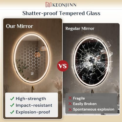 Keonjinn 40 x 30 Inch Oval LED Bathroom Mirror with Frontlit and Backlit