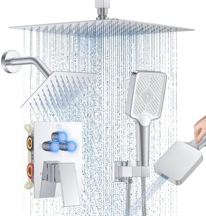 Shower Faucet Set, 12" Ceiling Mount Rainfall Shower System with 2 Rain Shower Head and Multi-function Handheld Head Push Button Diverter Shower Faucet Trim Kit (12", Polished Chrome)