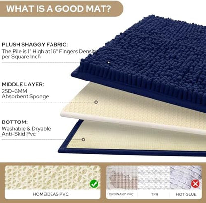 HOMEIDEAS Navy Blue Long Chenille Bathroom Rugs Set of 3, Non Slip Bath Mat