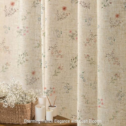 Floral Farmhouse Vintage Linen Shower Curtain with Tassel 72Wx90H