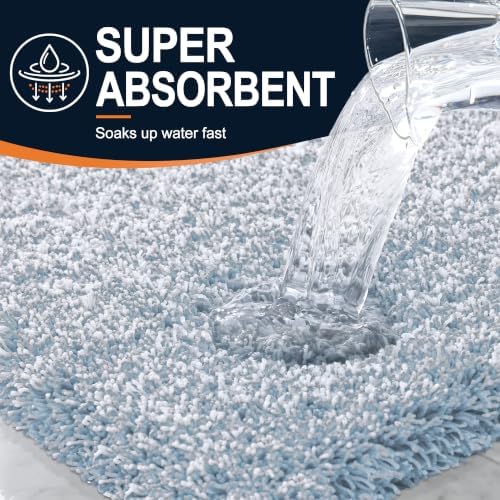 OLANLY Microfiber Bathroom Rugs 24x16, Quick Dry Mat, Airy Blue and White