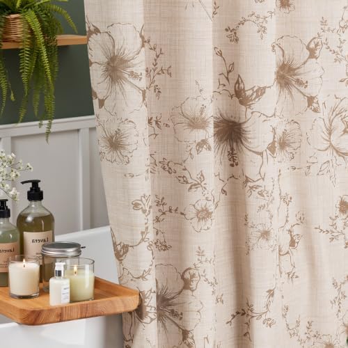 Vintage Beige Floral Shower Curtain with 12 Clear Rings - 72" W x 72" L