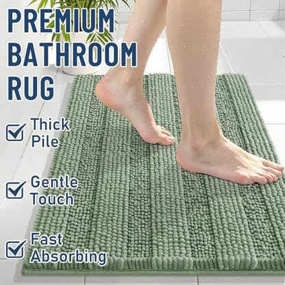 Grandaily Chenille Striped Bathroom Rugs 45x27, Extra Thick and Soft Absorbent Bath Mats, Rubber Backing, Plush Shaggy Shower Carpet, Machine Wash Dry, Bath Rug for Bathroom, Grayish Green