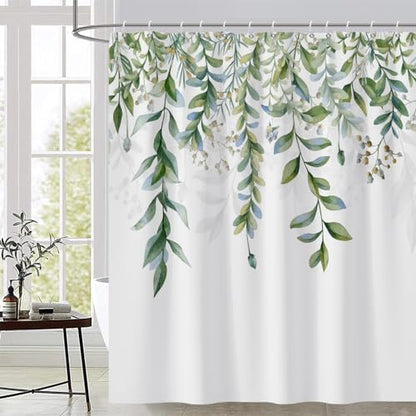 AWERT Green Mixed Light Blue Plant Shower Curtain with 12 Hooks Decorative Sage Green Shower Curtain for Bathroom Waterproof Fabric 72x84inch