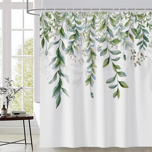AWERT Green Mixed Light Blue Plant Shower Curtain with 12 Hooks Decorative Sage Green Shower Curtain for Bathroom Waterproof Fabric 72x78inc