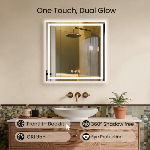 30"x30" LED Bathroom Mirror with Anti-Fog, Backlit & Front Lights, Memory