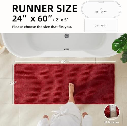 TYUU Waffle Runner Rug Bathroom, Long Boho Bath Mat, 60x24 Burgundy
