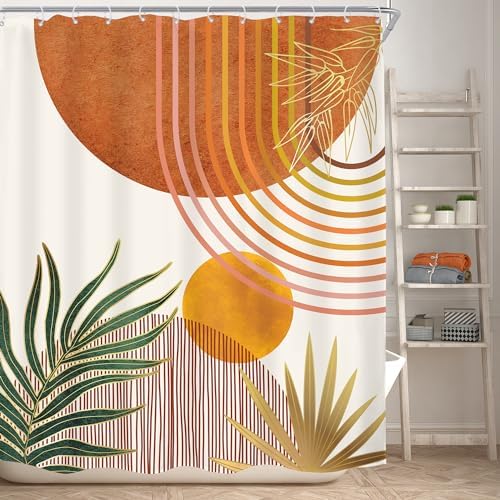 Mid Century Orange Boho Abstract Modern S Bathroom Shower Curtain Set