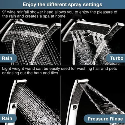 BRIGHT SHOWERS High Pressure Dual Shower Head Combo, Handheld Showerhead Rainfall Shower Head Combo with Black Face, 60 Inch Long Stainless Steel Shower Hose, Chrome