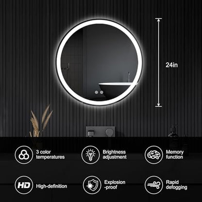 DUMOS 24 Inch Round LED Bathroom Mirror with Lights, Circle Vanity Mirror