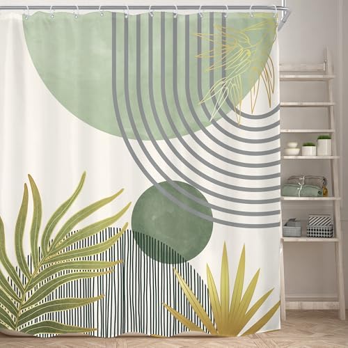 Mid Century Mint Green Boho Abstract Modern Bathroom Shower Curtain Set