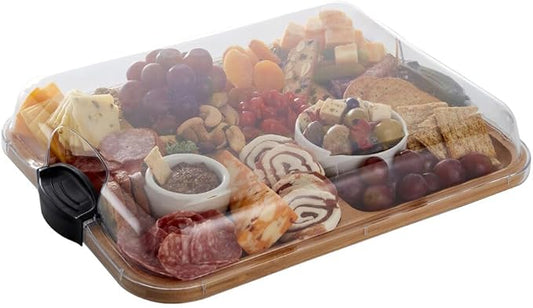 Farberware Build-A-Board Bamboo Cutting Board with Built-In Compartments & Clear Locking Lid, Black Handles, Charcuterie, Snack Tray, Food Prep and Serving Platter