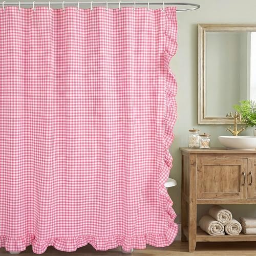 HunnmingRe Ruffled Gingham Shower Curtain Pink