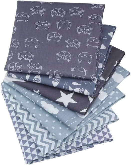 AMORNPHAN Cats Kitten Fish Star Cloud Animal Cartoon Pattern Printed 100% Cotton Quilting Fabric for Patchwork Needlework DIY Sewing Crafting Precut Face Mask 16x20 Inches (Set of 7 Pieces) 40x50 cm.