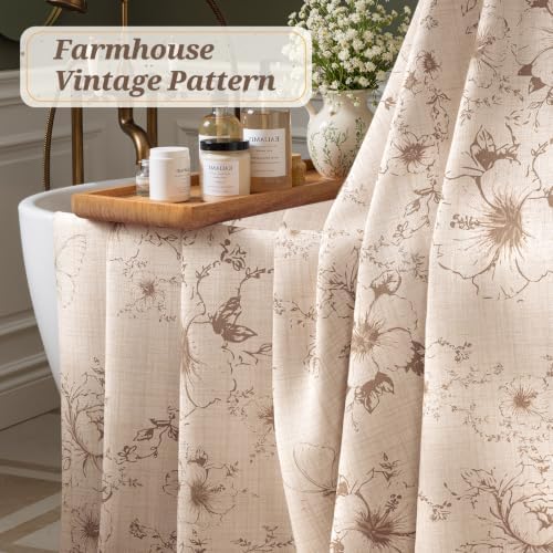 Vintage Beige Floral Shower Curtain with 12 Clear Rings - 72" W x 72" L