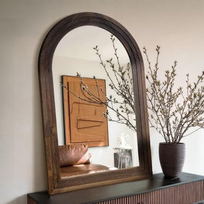Arched Bathroom Mirror, 45"x30" Brown Wood Frame Wall Mirror
