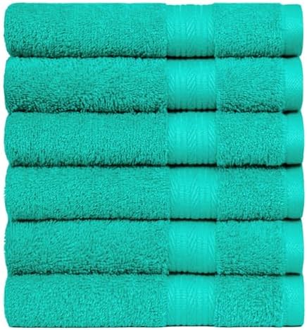 Amazon Basics Fade-Resistant 100% Cotton Hand Towels for Bathroom, Soft Absorbent, 26 x 16 inches, Teal, 6-Pack