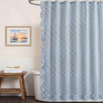 HunnmingRe Ruffled Gingham Shower Curtain Dusty Blue