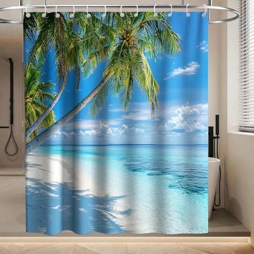 Beach Modern Ocean Shower Curtain, Rustic Coastal Nautical Palm Tree Shower Curtains for Bathroom, Waterproof Bath Curtain with Hooks Machine Washable Bathtub Curtains 72x72 Inch Green Blue