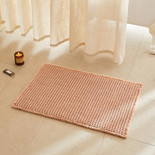 TYUU Waffle Bath Mat, Boho Bathroom Rugs Non Slip, 30x20 Light Peach