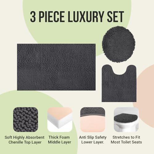 ITSOFT 3pc Non-Slip Shaggy Chenille Bathroom Mat Set, Includes 24"" x21 U-Shaped Contour Toilet Rug, 34"" x21 Bathmat and 1 Toilet Lid Cover, Lilac