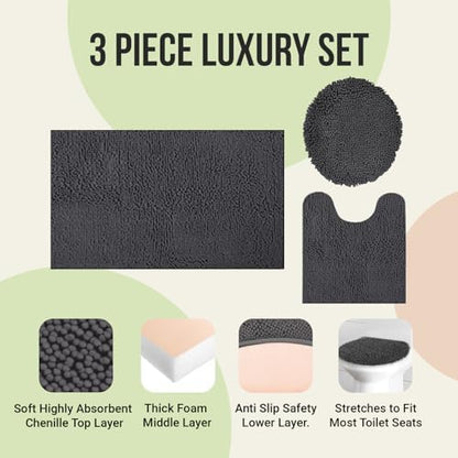 ITSOFT Standard 3pc Non-Slip Shaggy Bathroom Mat Set, Includes 24"x21" Inches U-Shaped Contour Toilet Rug, 34"x21" Inches Bathmat and 1 Toilet Lid Cover, Sage Green