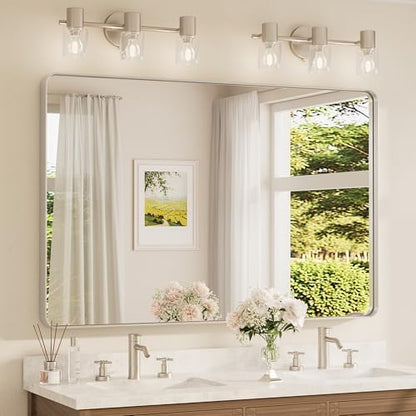 TETOTE 55 x 36 inch Brushed Nickel Mirror for Bathroom Over Sink Metal Framed Mirror Modern Farmhouse for Living Room Entryway(Horizontal/Vertical)