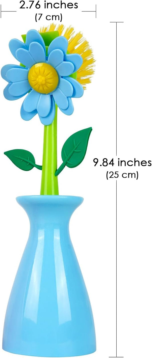 Long Handle Vegetable and Fruit Brush, Florganic Dish Brush with Vase, Long Handle Dish Brush Kitchen, for Cleaning Pot Pan Sink Kitchen Supplies Decorative Vase (2 Pcs) (Green/Blue)