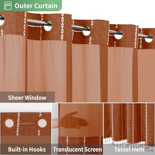 eachope Boho Farmhouse No Hook Shower Curtain with snap Liner,71x74,Orange