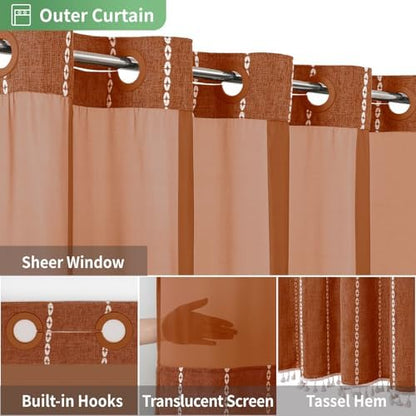 eachope Boho Farmhouse No Hook Shower Curtain with snap Liner,71x74,Orange