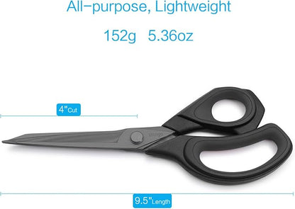 LIVINGO 9.5” Sharp Fabric Scissors, All Purpose Heavy Duty Titanium Coated Premium Forged Stainless Steel Tailor Dressmaking Sewing Shears Comfort for Cutting Leather, Crafting Home Office Use, Black