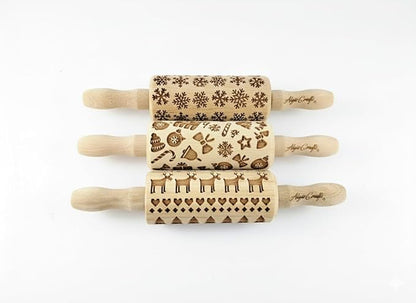 CHRISTMAS 3 Mini Embossed Rolling Pin Set Wooden Laser Engraved Textured rolling pins with Snowflakes, Elks, Christmas Trees and Gifts for Cookies by Algis Crafts