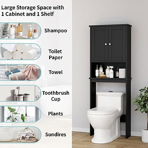 Shintenchi Over the Toilet Storage Cabinet, Bathroom Shelf Organizer with Anti-Tip Device Small Freestanding Space Saver with Adjustable Shelf，Black