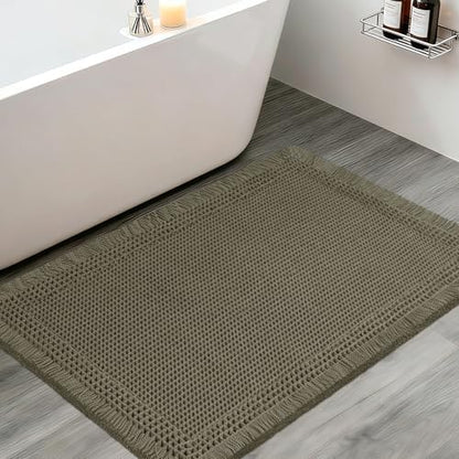 Upgraded Waffle Bath Mat, 36"x24" Greyish Green-Bordered, Super Absorbent Non-Slip Quick Dry Bathroom Rugs with Tassels, Machine Washable Ultra Soft Boho Bath Rugs, Toilet Mats Boho Farmhouse Decor