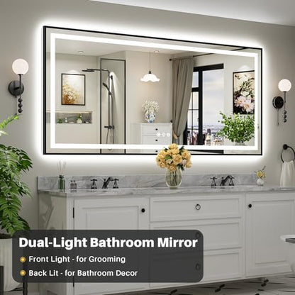 84x40 Inch LED Bathroom Mirror with Black Frame, Backlit & Front Lit