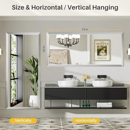 Briivue Bathroom Wall Mirror, Silver Brushed Nickel Metal Frame, 72x32 Inch