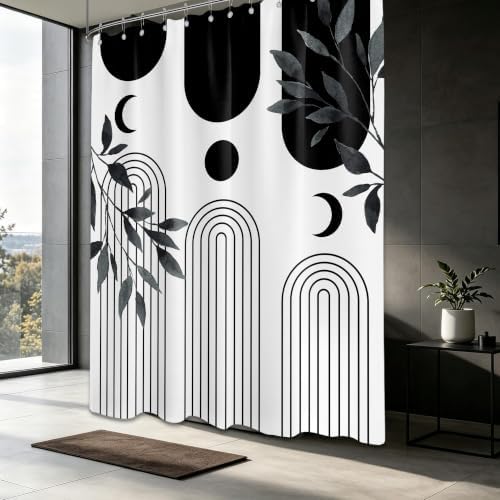 Mid Century Modern White and Black Shower Curtain Bohemian MCM Black and White Shower Curtains for Mens Bathroom Decor, Boho Minimalist Pattern, Waterproof Cloth Fabric with Hooks 70x84 in