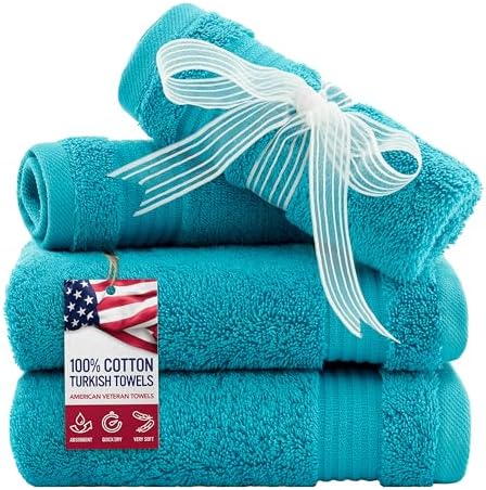 American Veteran Towel, 100% Cotton Turkish Washcloths for Bathroom Essentials 4 Pack, Soft Absorbent Wash Cloths Quick Drying Small Towels Washrags, Aqua Blue