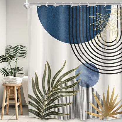 KOMLLEX Mid Century Blue Green Boho Extra Long Bathroom Shower Curtain Set