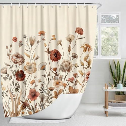 Vintage Boho Beige Floral Shower Curtain, Brown Cream Tan Rustic Farmhouse Flower Shower Curtain Set, Cute Botanical Wlidflowers Fabric Shower Curtains Decoration, 72X84 Aesthetic Bathroom Accessories