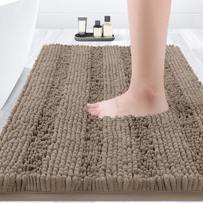 ACCUMTEK Terraloom Striped Dark Beige Bathroom Rug Mat 36"x24" Ultra Soft, Non Slip Chenille Bath Rugs, Absorbent Plush Shaggy Bath Mats for Bathroom, Bedroom, Shower, Tub,Taupe