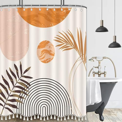 Boho Mid Century Leaf Shower Curtain Set,Arch Sun Design,Minimalistic Leaves Pattern,Waterproof and Luxurious Fabric-12 Hooks(Orange-72" x 96")