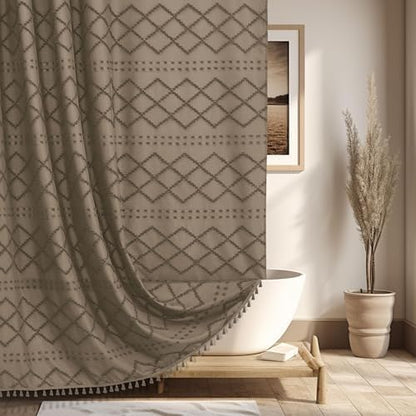Siiluminisoy Boho Farmhouse Shower Curtain Woven Fabric Khaki Shower Curtain, 72 x 78 Tufted Chevron Textured Striped Modern Farmhouse Minimalist Shower Curtains for Bathroom