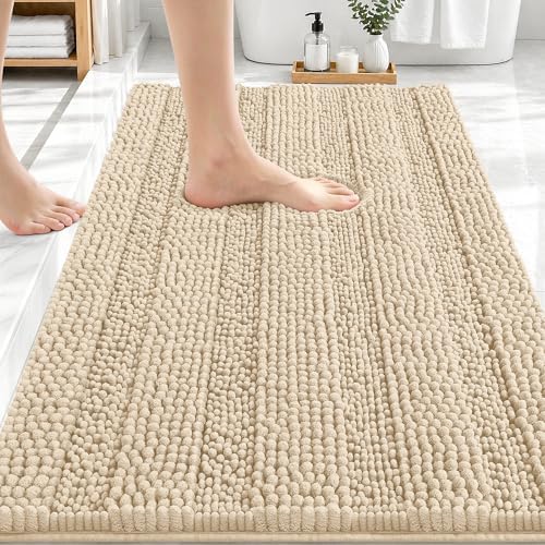 OLANLY Thick Bathroom Rugs 30x20, Soft Chenille Striped Bath Rugs, Beige