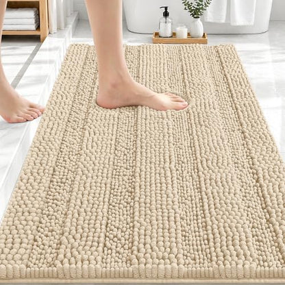 OLANLY Thick Bathroom Rugs 30x20, Soft Chenille Striped Bath Rugs, Beige
